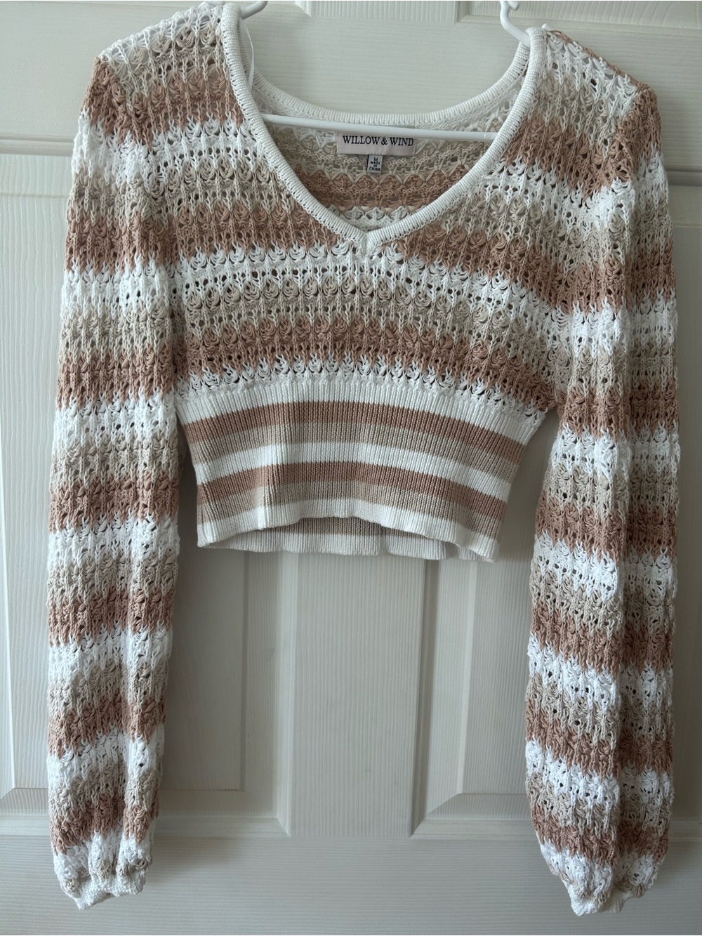 Willow & Wind White and Tan Striped Crochet V-Neck Crop Top